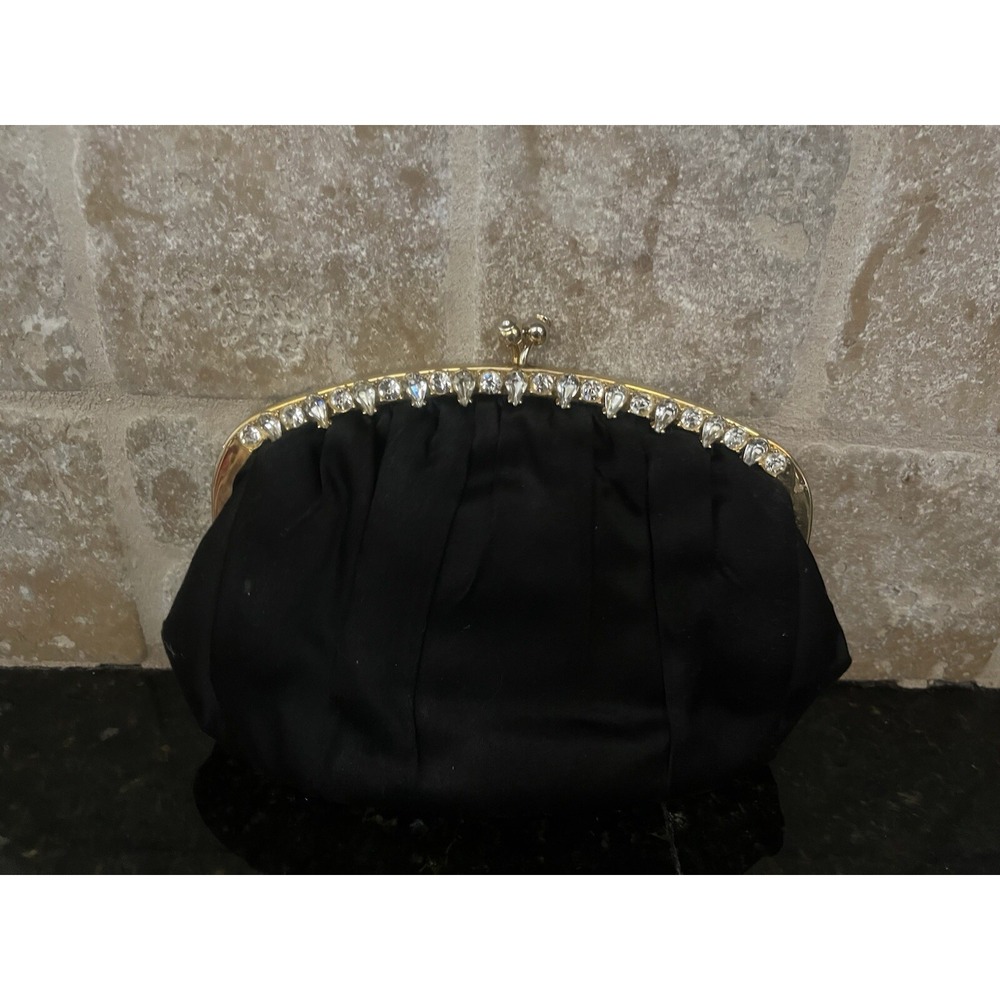 L&M MADE by EDWARDS Vintage BLACK SATIN EVENING BAG with Gold &‎ Crystal Border